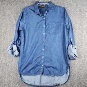 Taxi Denim Button Down Shirt Women‎ Medium Blue Roll Tab Sleeve High Low Hem